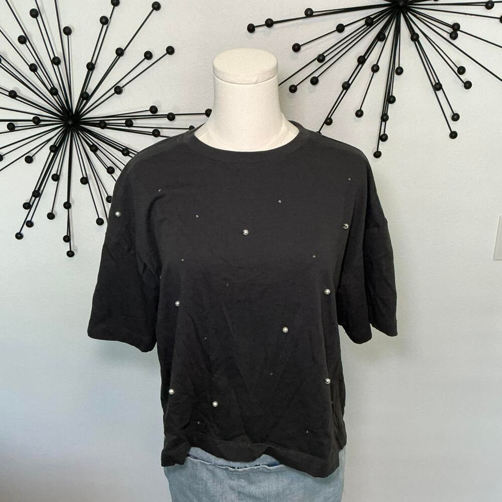 Old Navy black pearl studded tee boxy Y2K minimalist top